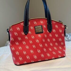 Dooney & Bourke Red DB Logo Small Satchel Navy Trim Gold Hardware